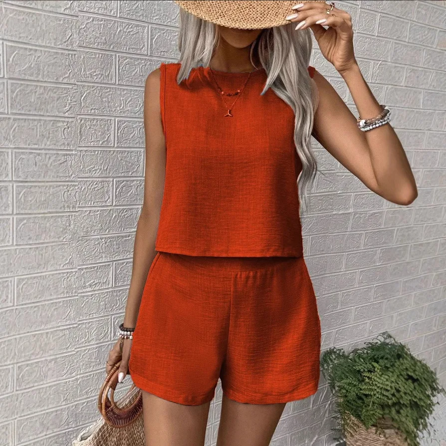 

Women Sleeveless Vest Shorts 2 Piece Sets Woman Outfit Casual Solid O Neck Crop Tops With Short Pants Elegant Loose Summer Suit