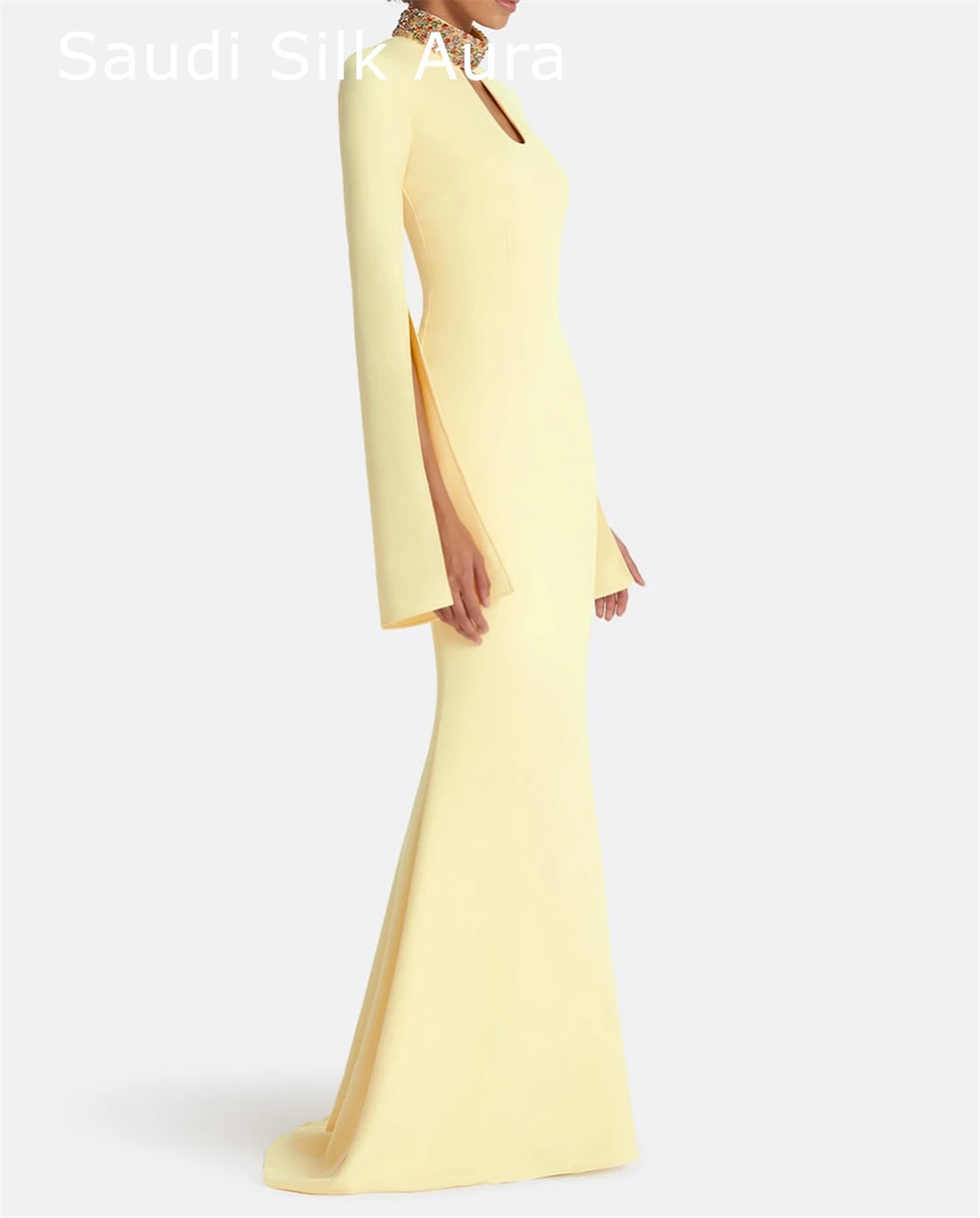 Aangepaste klassieke gele jersey avondjurk mode ronde hals lange mouwen feestjurk delicate rechte beroemdheidsjurken