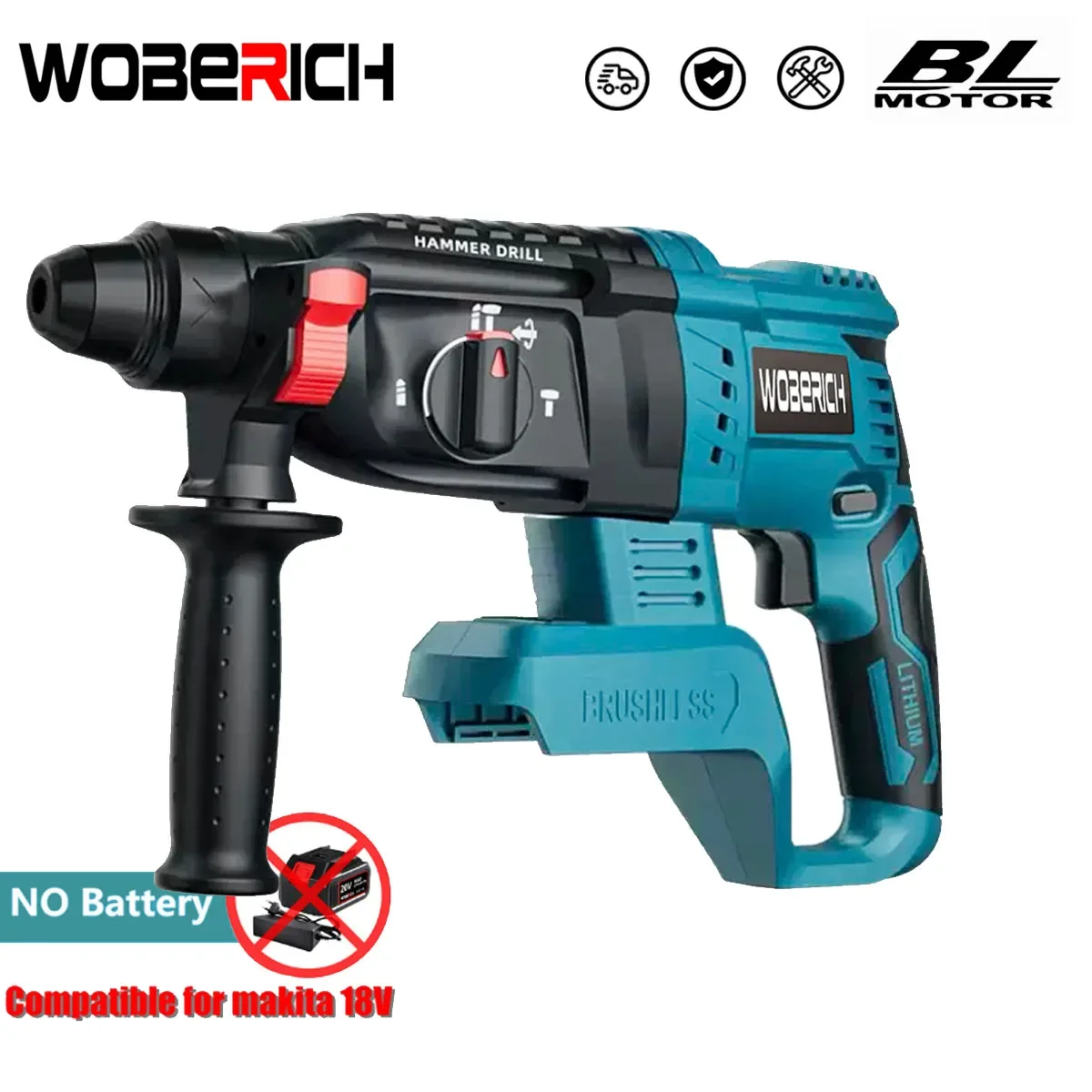 4 Function Brushless Cordless Electric Rotary Hammer Drill Rechargeable Hammer 26mm Impact Drill for 18V Makita Battery