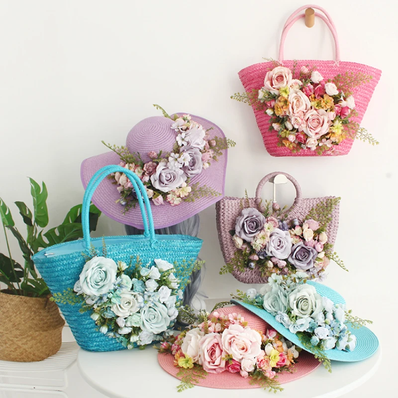 Hand-made Women Fashion Flower Straw Beach Bag Hand-woven Holiday Large Capacity Travel Handbag Tote Photograph Hat Bag Suit