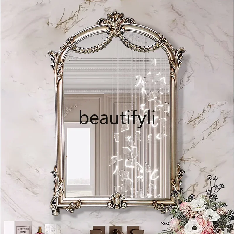 

French light luxury retro style bathroom mirror household wall hanging high definition all solid wood decorative mirror5556