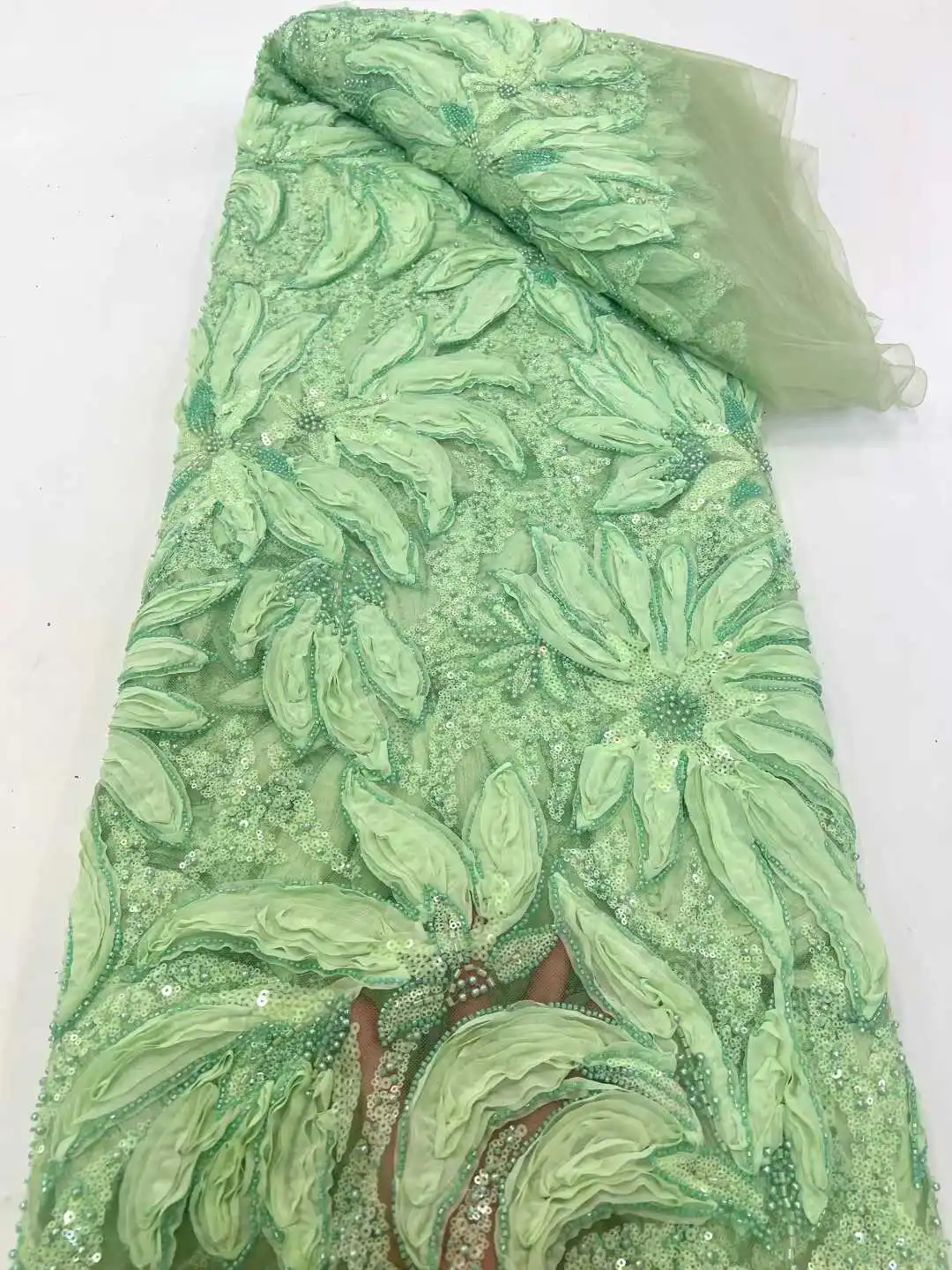 

Hot Sale Popular Designs Fashion African Hand Made Flower Beaded Net Lace Sequins 2026 French Fabric Net Lace For Evening Dress