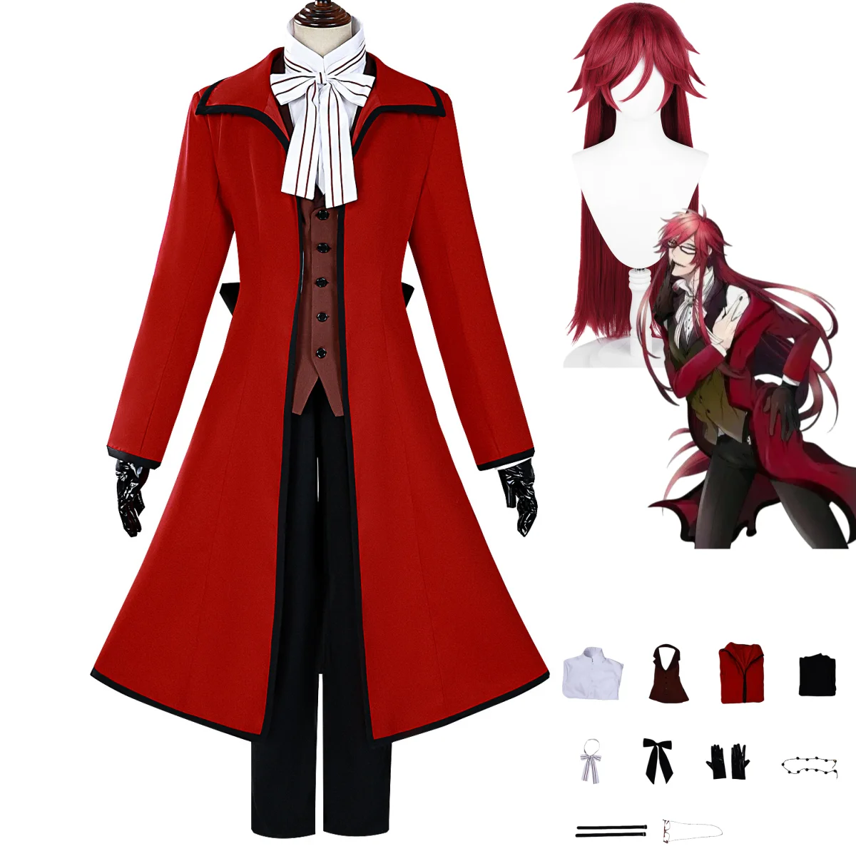 Image of Anime Black Butler Grell Sutcliff Cosplay Kostüm Roter Frack Mantel Hemd Uniform Perücke Schuhe Herren Halloween Karneval Anzug