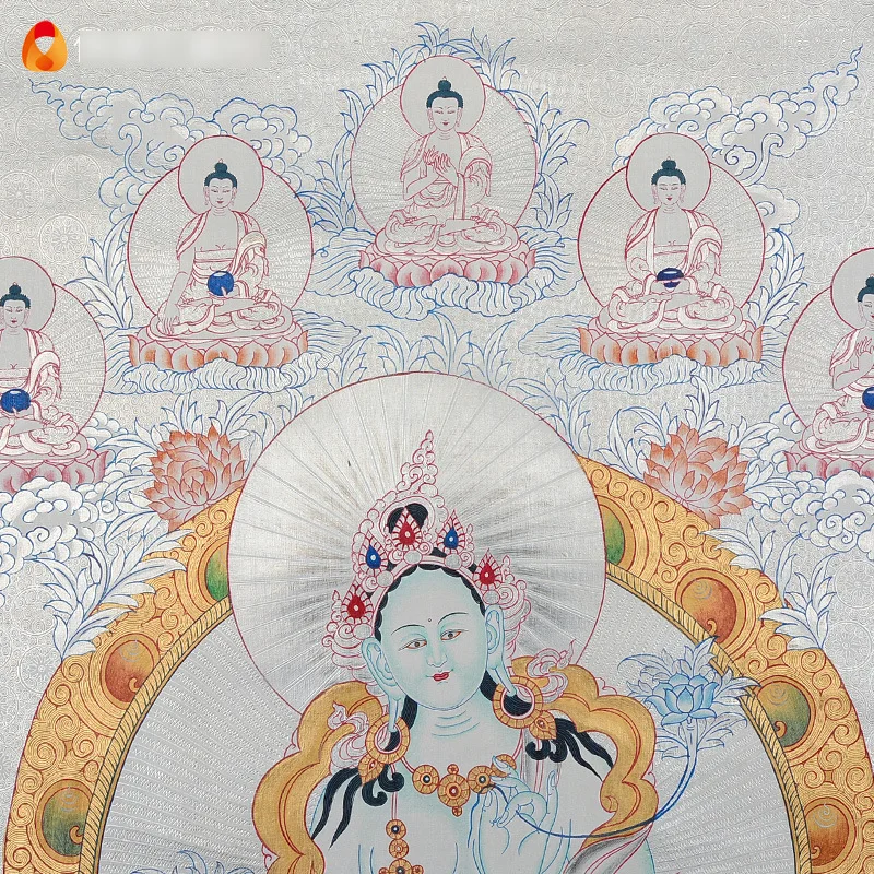 Hand-painted Thangka Green Tara Silver Natural Mineral Pigment Nepalese Handmade Buddhist Hall Ethnic Style Buddha Mural