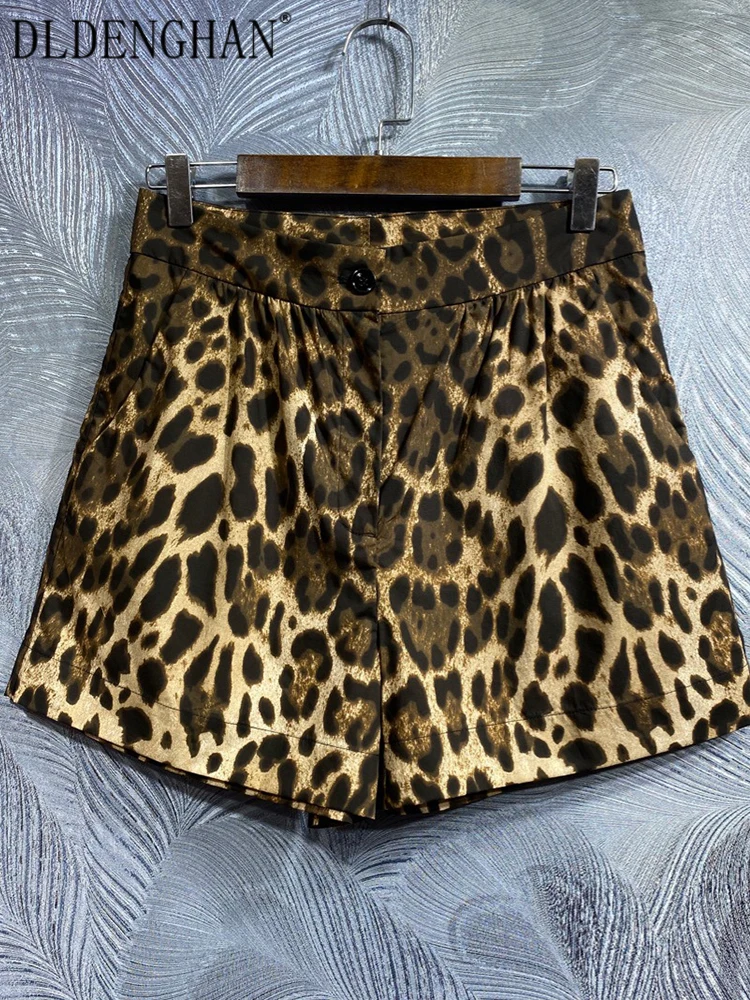 

DLDENGHAN Autumn 100% Cotton Shorts Women High Waist Leopard Print Pockets Casual Shorts Fashion Runway New