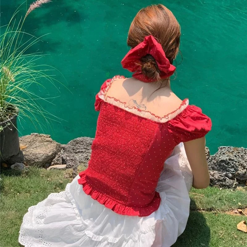 Francês doce bolha manga bolinhas arco camisa feminina verão nicho emenda renda curto topo blusa feminina