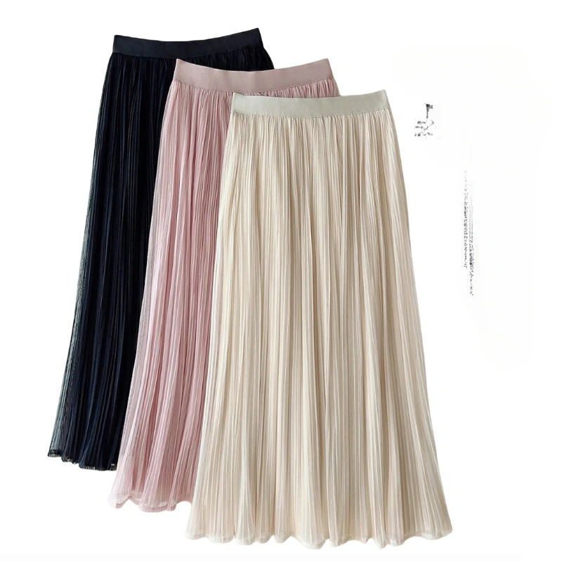 

Women Elegant A-Line Long Skirts High Waist Pleated Mesh Skirts Female Casual Summer Jupe Femme Saias Mujer Skirts Q16