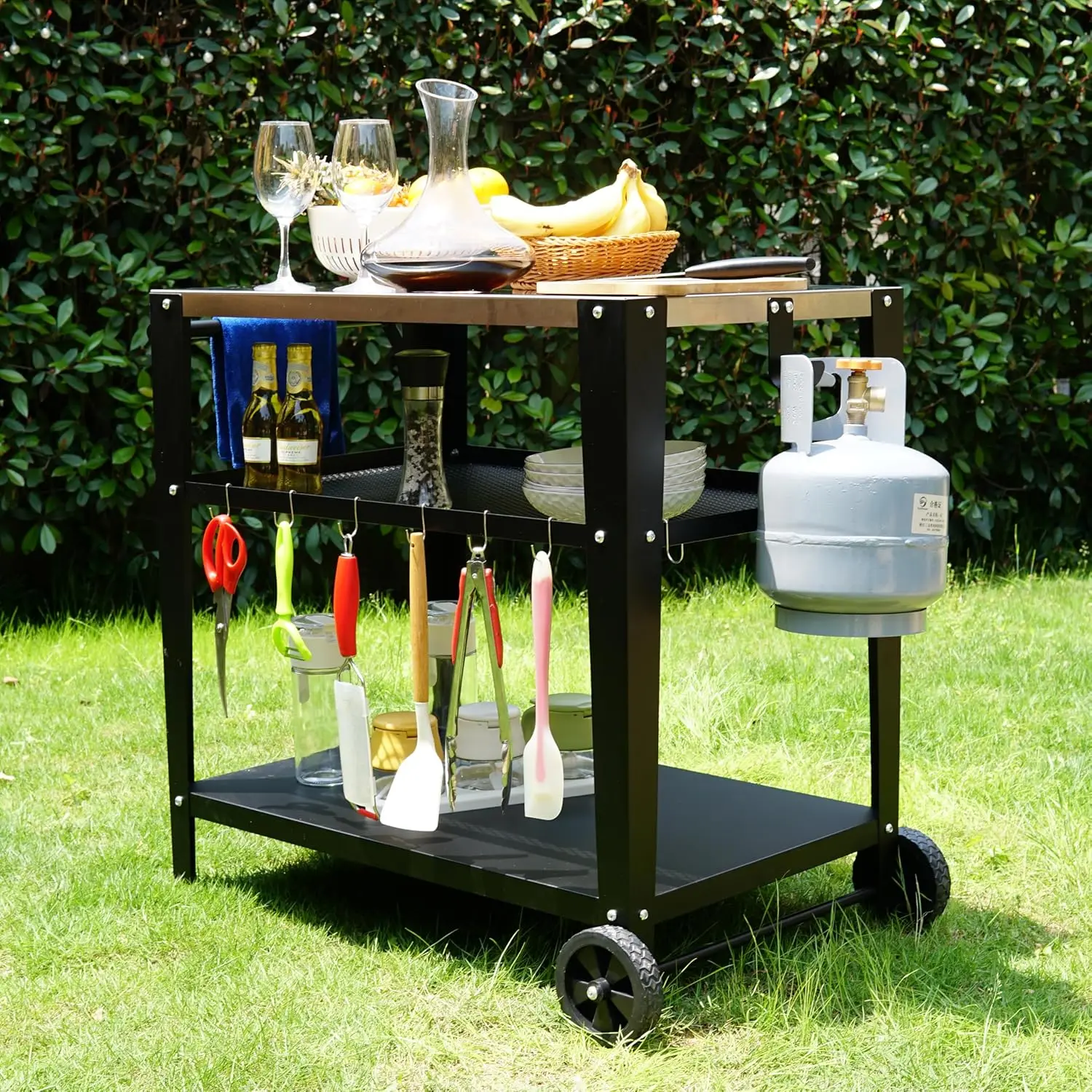 Stainless Steel Outdoor Grill Cart with Wheels Heavy-Duty 3-Tier BBQ Prep Table for Pizza Oven Griddle Patio – Rustproof Commerc