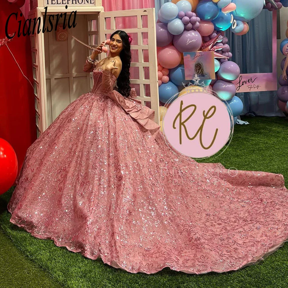 Pink Shinning 3D Flowers Off The Shoulder Ball Gown Quinceanera Dresses Lace Up Sweet 15 16 Dress vestidos de 15 años