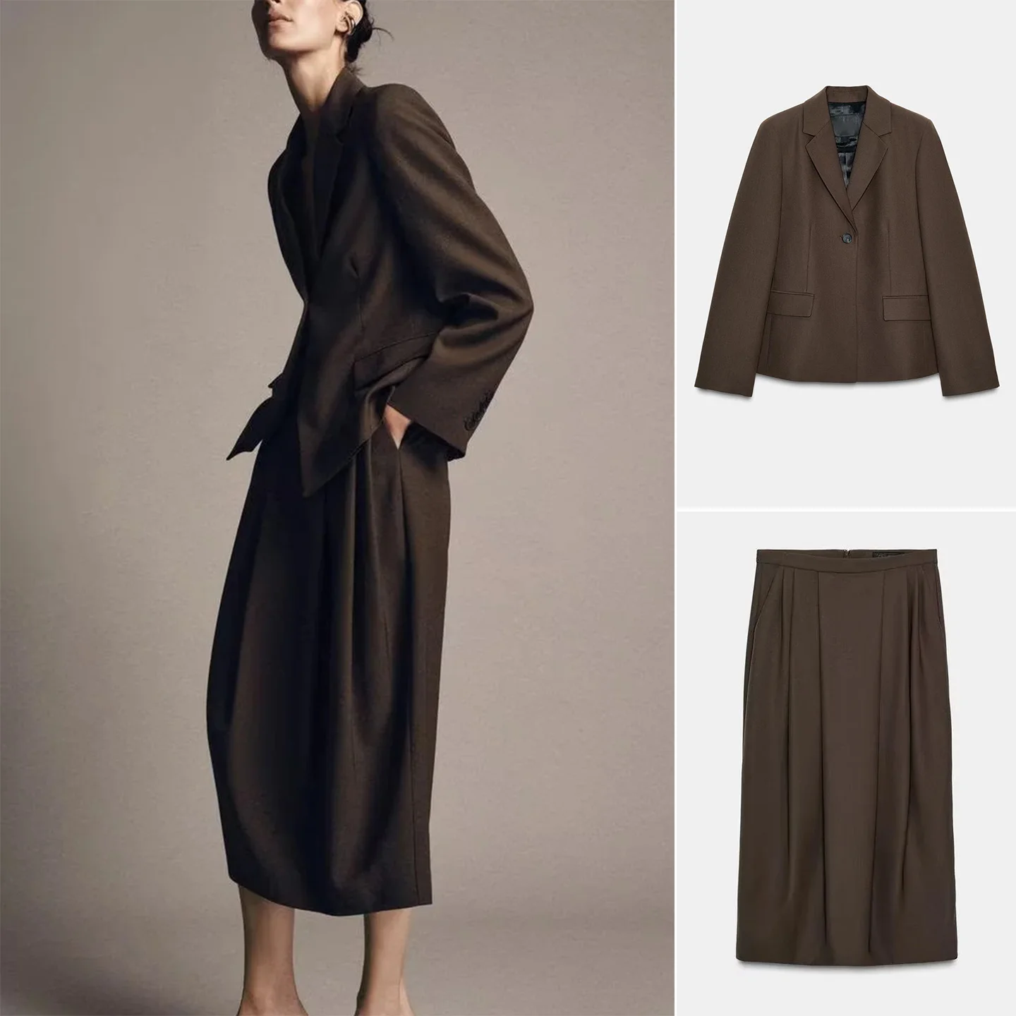 

Tailored Long Sve Suit Jaet with Pleated Midi Skirt Women's Faion Set Casual Sle Mid-Length Coat Collar Design