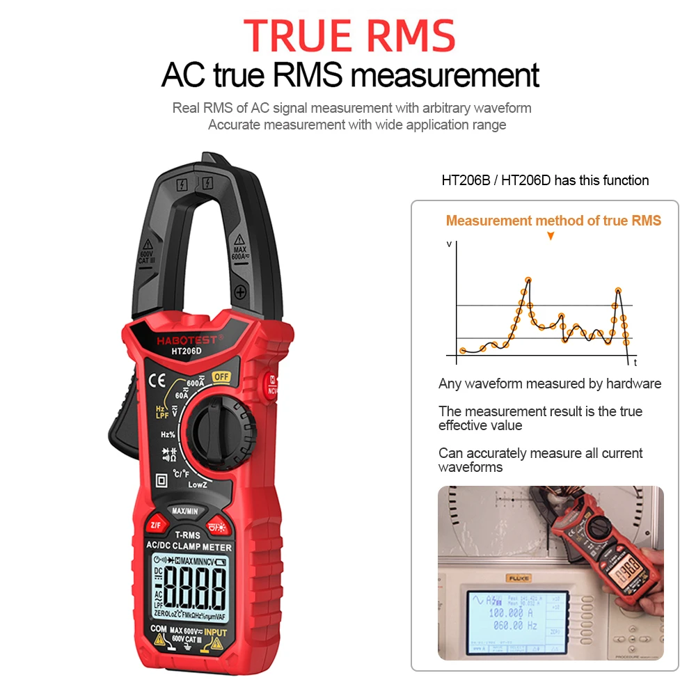 HT206D/HT208D Digital Clamp Meter AC DC Current Two-color Backlight True RMS Capacitance Temperature NCV Voltage Tester