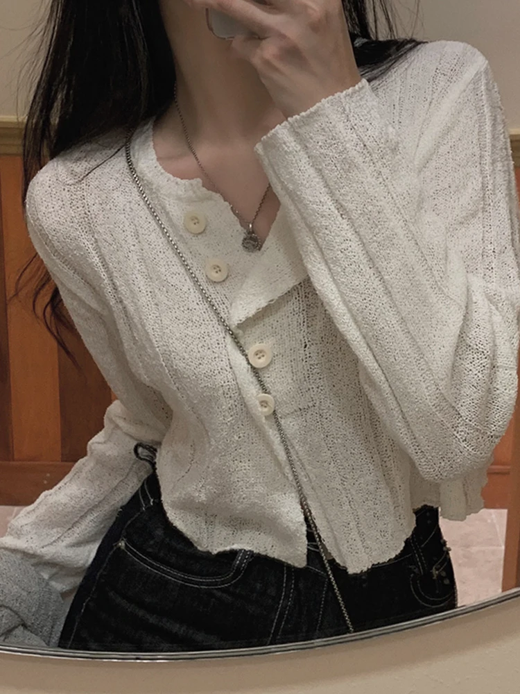 

Chic Design Sense Asymmetrical ort Knitted Outerwear Women's Long Sve Thin Coat Sli Sunade Top Korean Sle Loose Fit