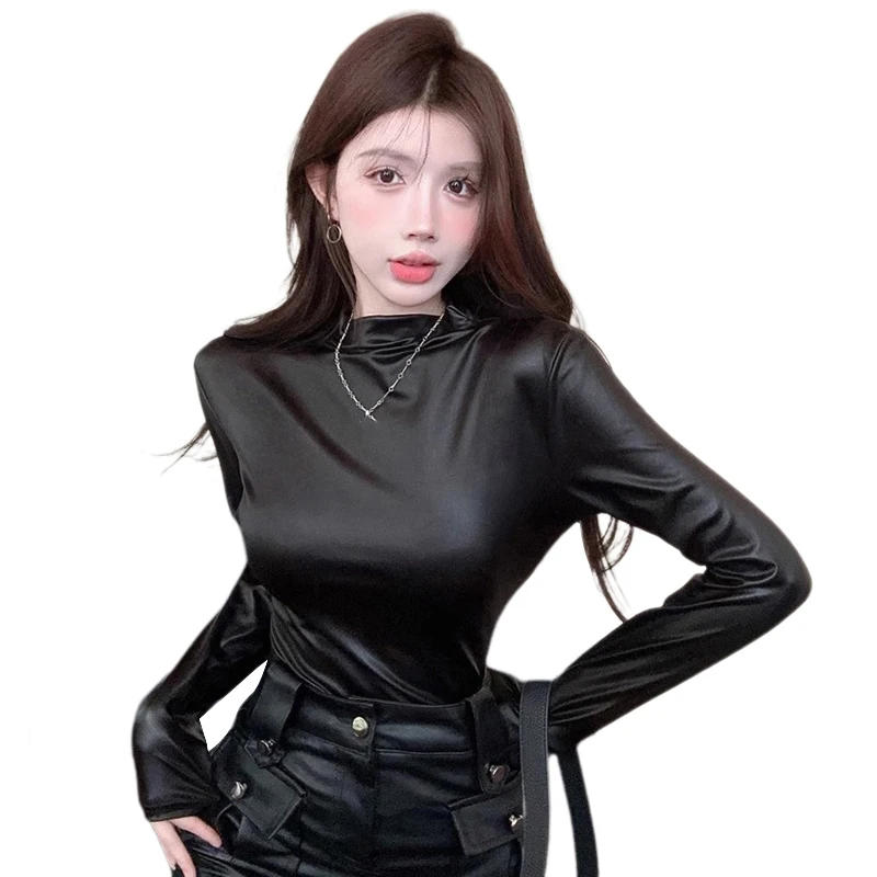 Women\'s Semi-High Neck Glossy Long Sleeve Bottom Shirt Tops American Slim Stretch Sexy Solid Color Long Sleeve T-Shirt