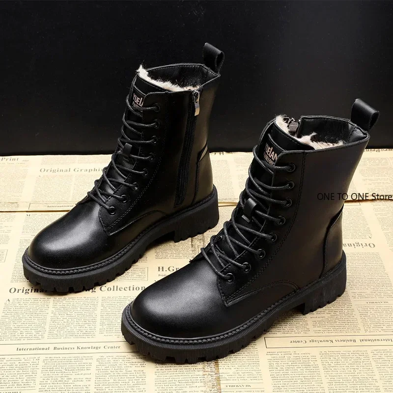 

2025 Winter Women Boots Thick Plush Warm Women High-heeled Leather Boot High-quality Female Snow Boots Women Motorcycle Shoes