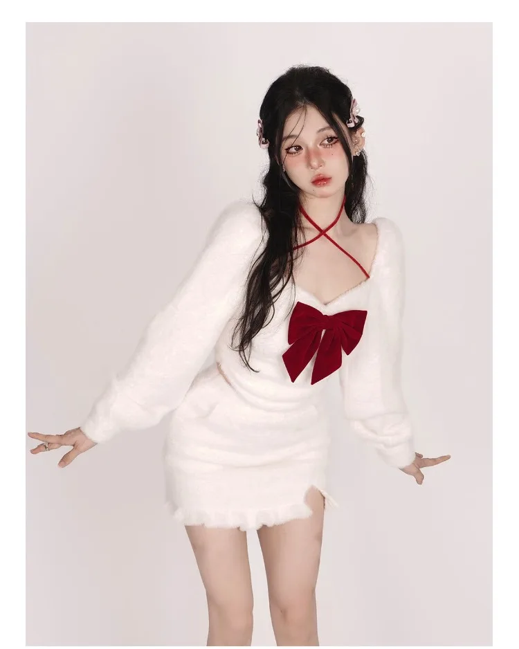 Elegant Square Collar Bow Long Sleeve White Tops Women+ Y2k High Waist All-match Skirts Autumn Winter New Two Piece Sets