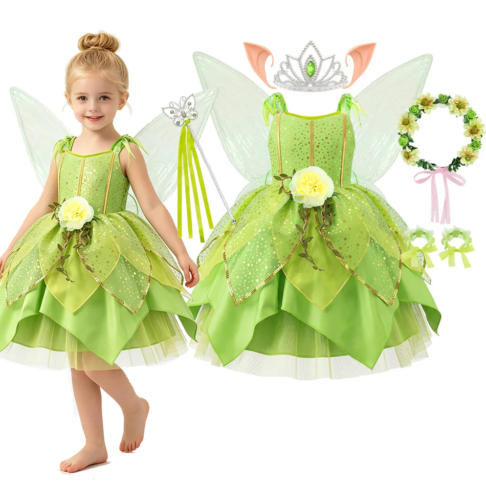 Girls Green Flower Fairy Elf Dress Sleeveless Sequins Petal Skirt Tulle Tutu Costume for Halloween Carnival Tinker Bell Cosplay
