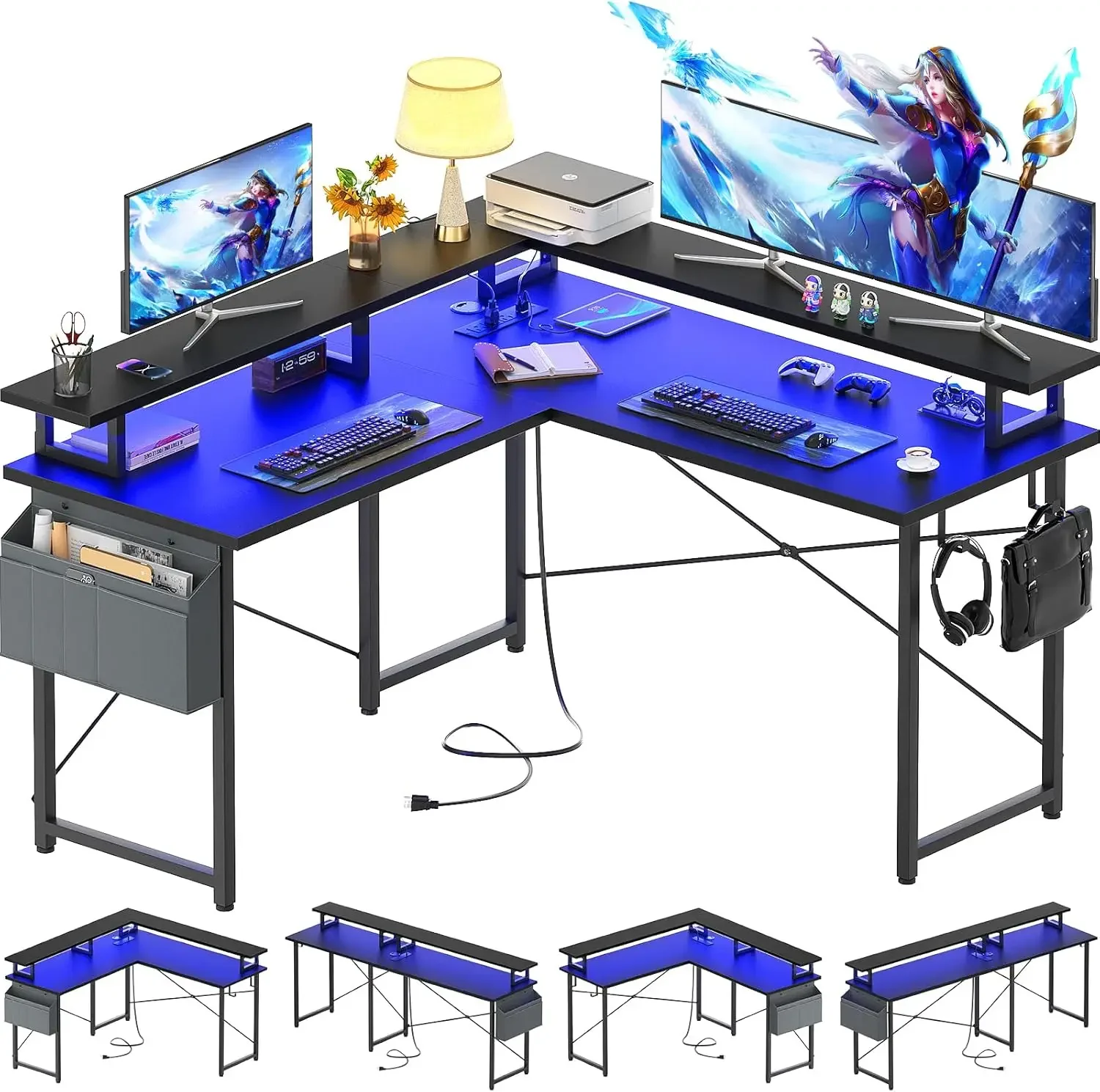 L Shaped Computer Desk with Power Outlets, Gaming Desk L Shaped with LED Lights, Corner Desk with Storage Shelves, Black