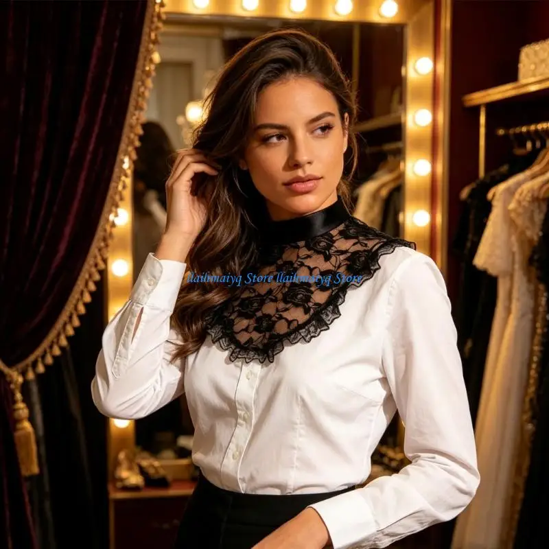 573B False Collar Lace Overlay Black Detachable Mock Collar with Openwork Detail for Dresses Tops and Costume Styling