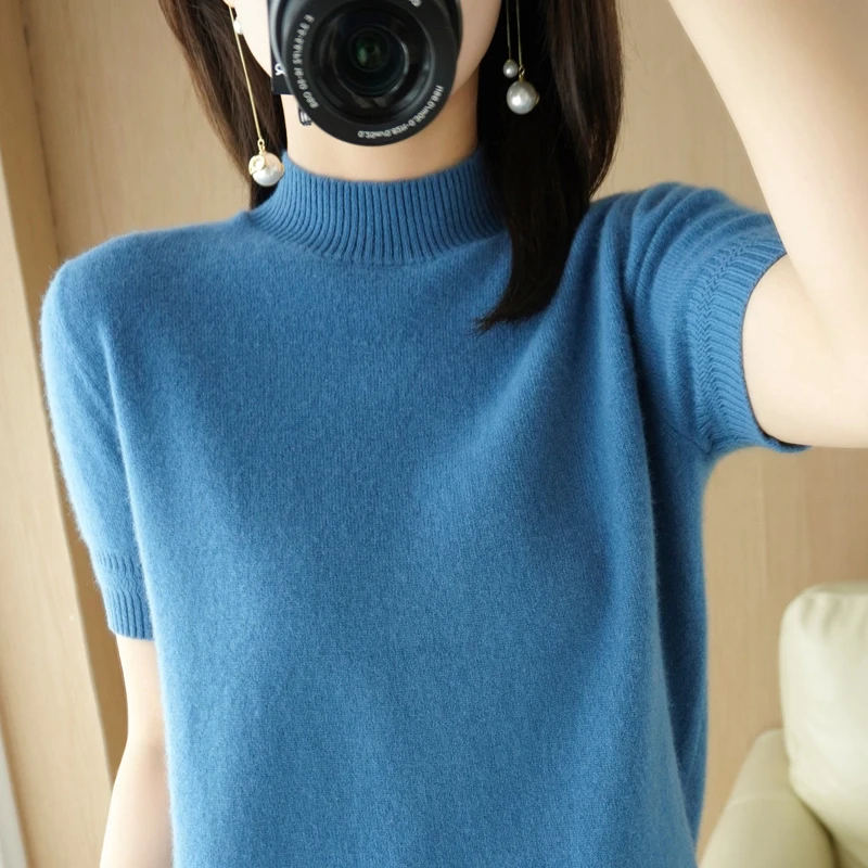 Spring Autumn Women Sweater Casual Warm Bottoming Shirts Mock Neck Basic Knitwear Short Sleeve Pullovers Korean Fashion Jumper