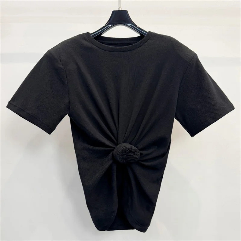 women's t-shirt 2026 summer new elastic true slim fit short sleeved top Cotton round neck pullover y2k Open navel women's corset
