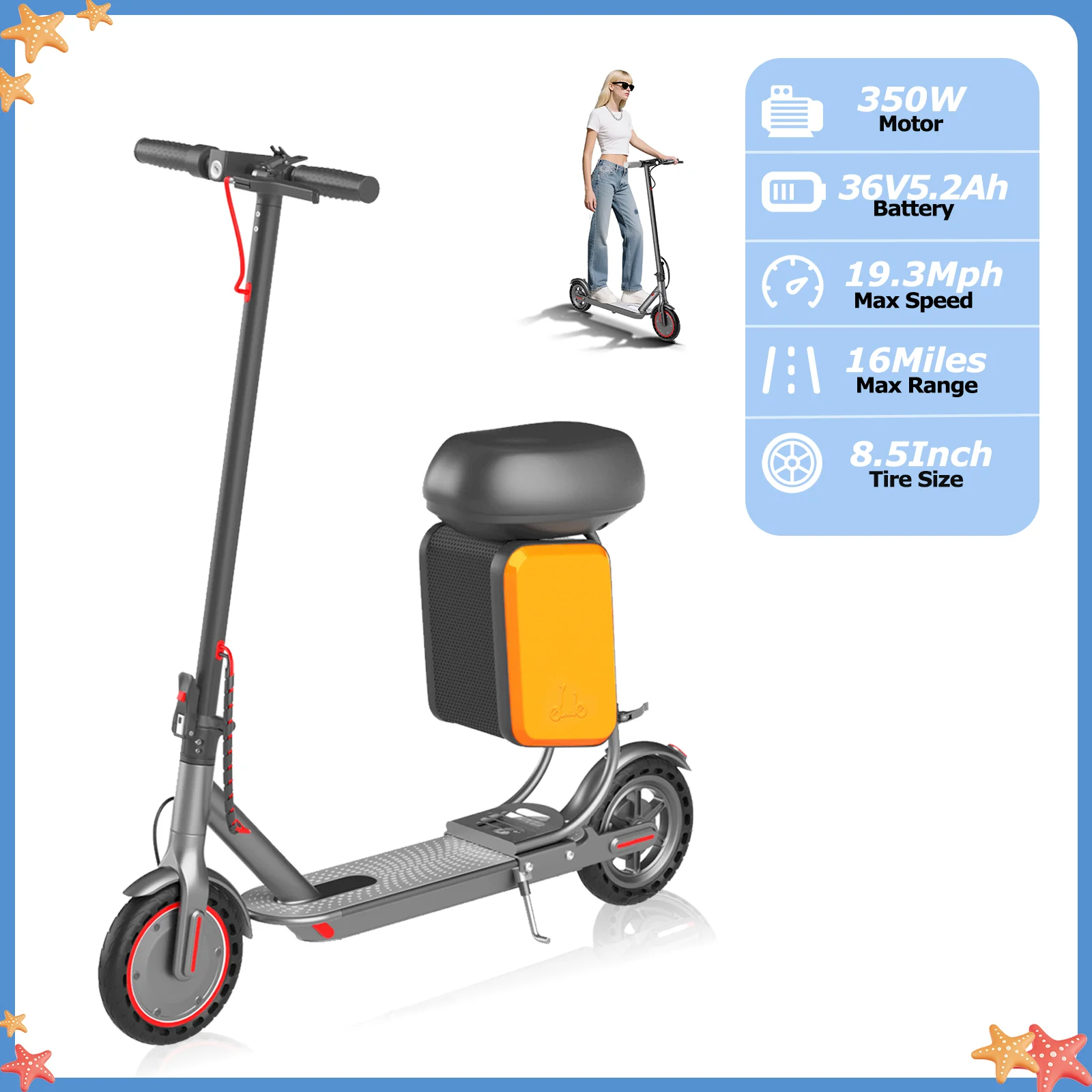 ATSANT i60XB Electric Scooter with AOVOPRO Electric EScooter with Seat Storage Bag 350W Powerful Motor 36V 16Miles Long Range 19.3Mph 8.5Inch Kick Scooter with App image 3