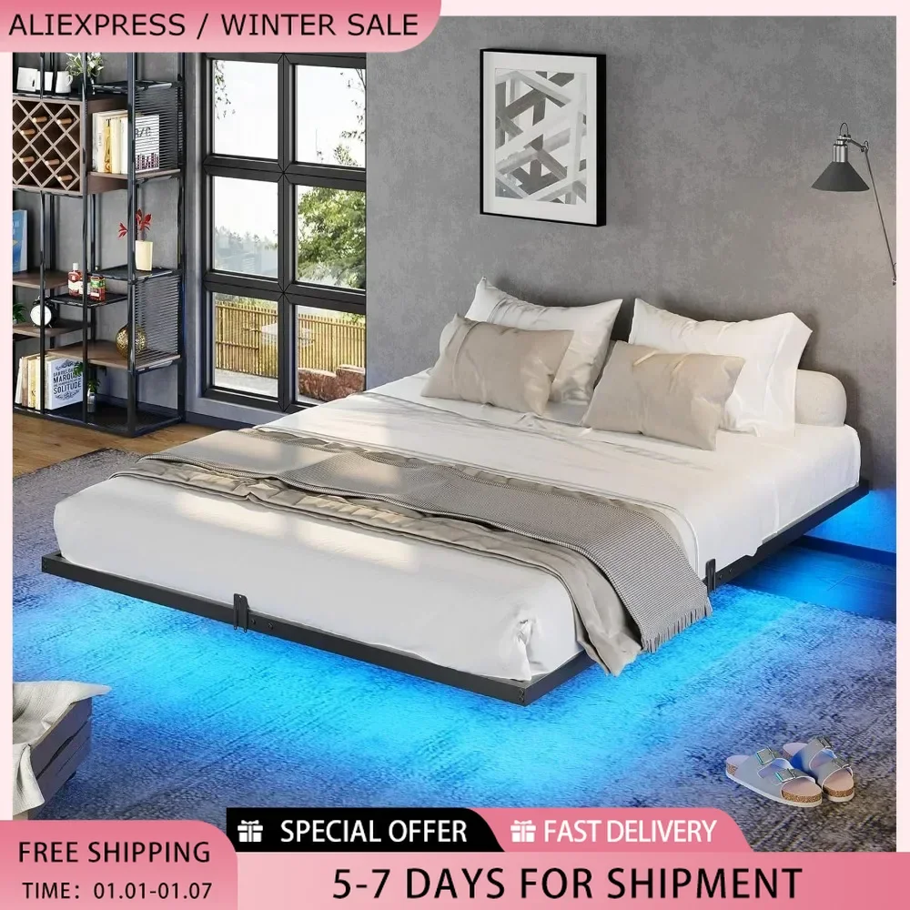 

Queen Bed Frame with LED Lights, Metal Platform Bed with Heavy Duty Steel Slats and 4 Mattress Slide Stopper,Floating Bed Frame