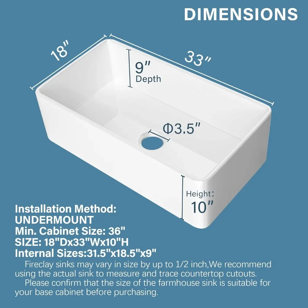 33 Inch Kitchen Sink With Accessories 2 Types, Undermmount Fireclay Single Bowl Sinks