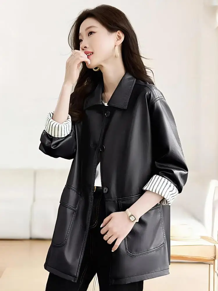 

Корейская мода 2024, весна-осень, черные однобортные куртки из искусственной кожи, женские коричневые свободные повседневные праздничные пальто, уличная одежда
