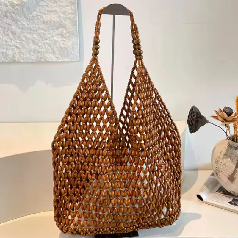 New Handmade Woven Beaded Handbag For Women Exquisite Hollow-out Wooden Beaded Shoulder Bag Female Beach Bag