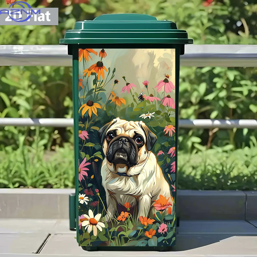 1pc Vibrant Floral Pug Themed PVC Adhesive Stickers, Waterproof Removable for Trash Can Decoration, Wall Art, Home Murals, 30.