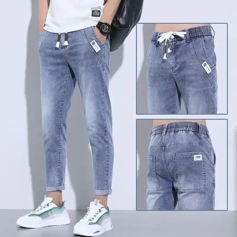 Summer Drawstring Baggy Blue Boyfriend Harajuku Casual Hip Hop Male Cargo Denim Stylish Designer Jogger Cowboy Haren Jeans Pants