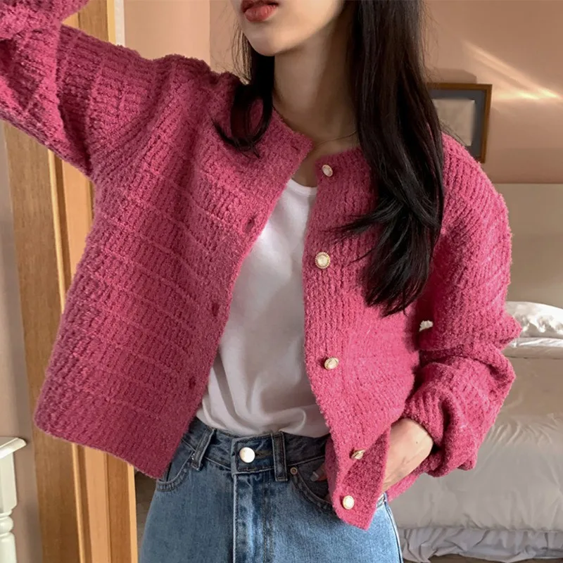 Retro Knitted Round Neck Solid Color Texted Cardigan Autumn Women\'s Button Loose Long Sleeve Sweater Casual All-Match Jacket