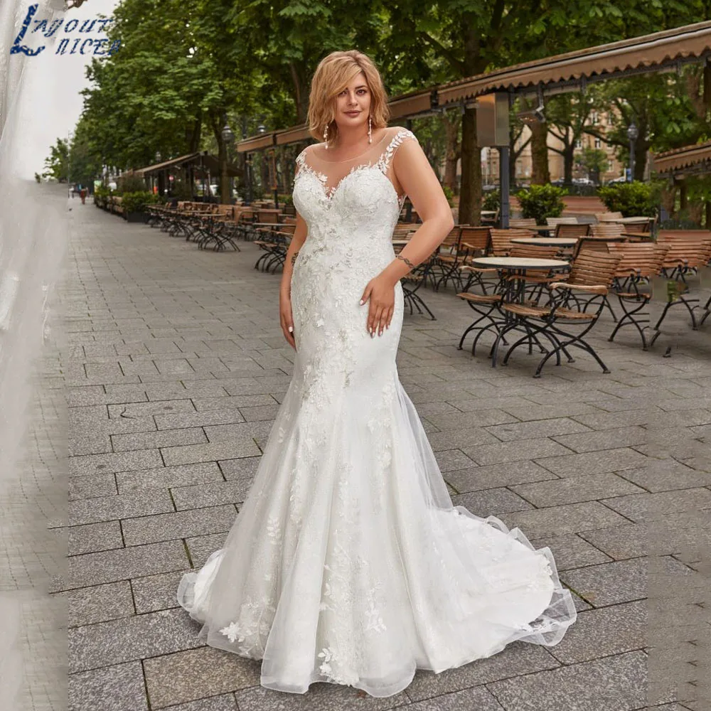 

LAYOUT NICEB Plus Size Mermaid Wedding Dress Sleeveless Backless Appliques Bride Gowns O-Neck Tulle vestidos de novia Customized