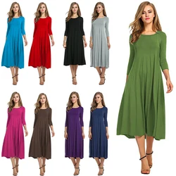 2022 Spring Autumn Fashion Women Ladies Mid Sleeve Long Dress Crew Neck Solid Color Female Party Casual Wear Vestido de Mujer