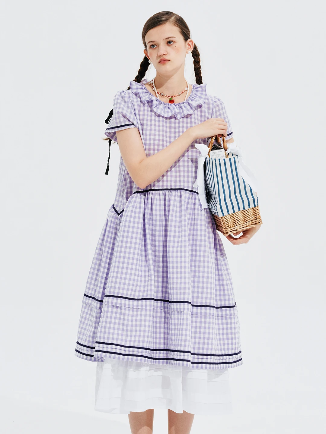 IMAKOKONI original design short-sleeved purple plaid lace stitching summer dress 244657