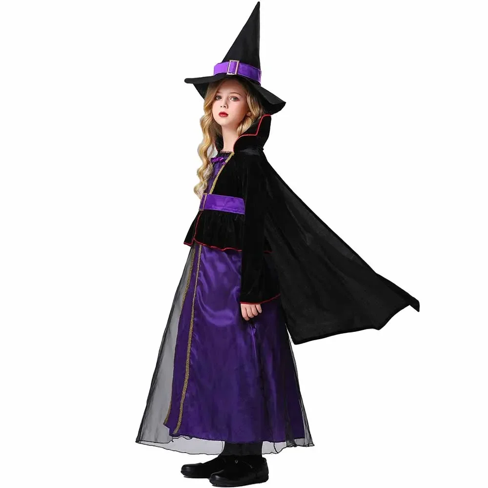 

Halloween Witch Costume Girls Purple Gauze Dress & Cloak & Pointed Cap Belt Set Dress Hat Set Kids Witch Cosplay Show Uniform