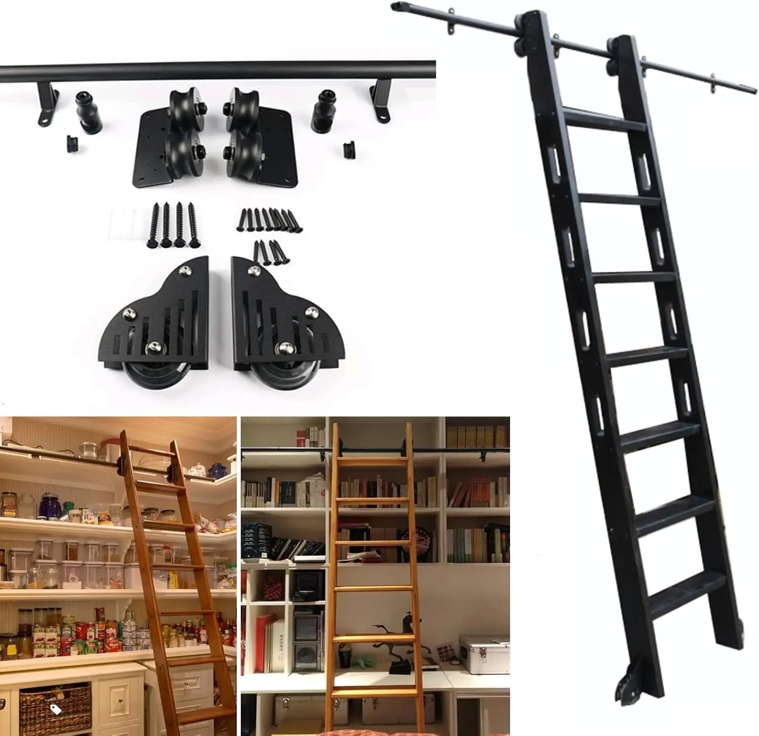 3.3Ft- 20Ft Sliding Barn Door Rolling Library Ladder Hardware Kit Basic Black Big Spoke Wheel Roller Garage Closet Carbon Track