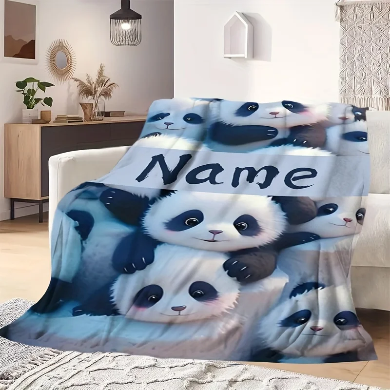 1pc Customized Panda Blanket Personalized Design with Your Own Name Text Cute Panda Pattern Customized Blanket Printing Blanket