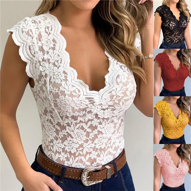 New Women Slim Tunic Lace V Neck T-shirt 2023 Sexy Elegant Summer Short Sleeve T Shirt Lace FlowerTops T-shirts