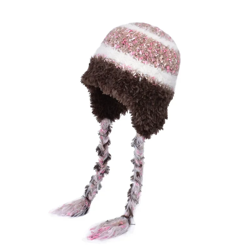 Autumn and Winter Plush Knitted Woolen Hat with Multi color Splicing and Cold proof Lei Feng Hat, Women's Hoodie