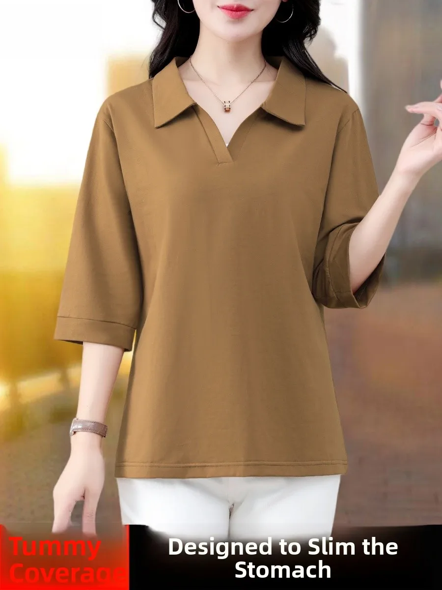 

Женская футболка из чистого хлопка свободного кроя с воротником, осенняя одежда для женщин больших размеров, корейский стиль