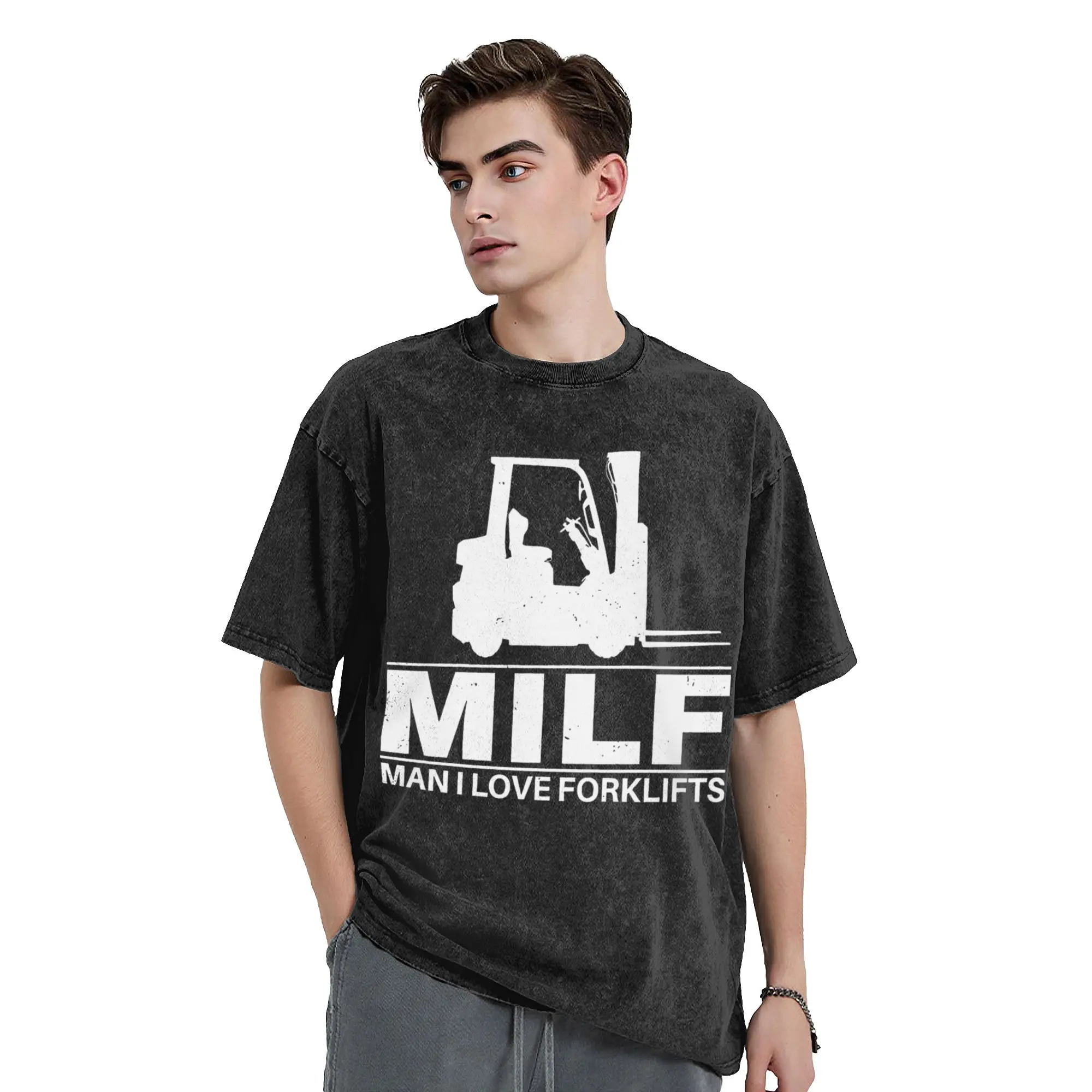 Funny Milf Memes Man I love Forklifts Vintage Washed T Shirt Men 100%Cotton Short Sleeve  Crewneck Summer Clothing