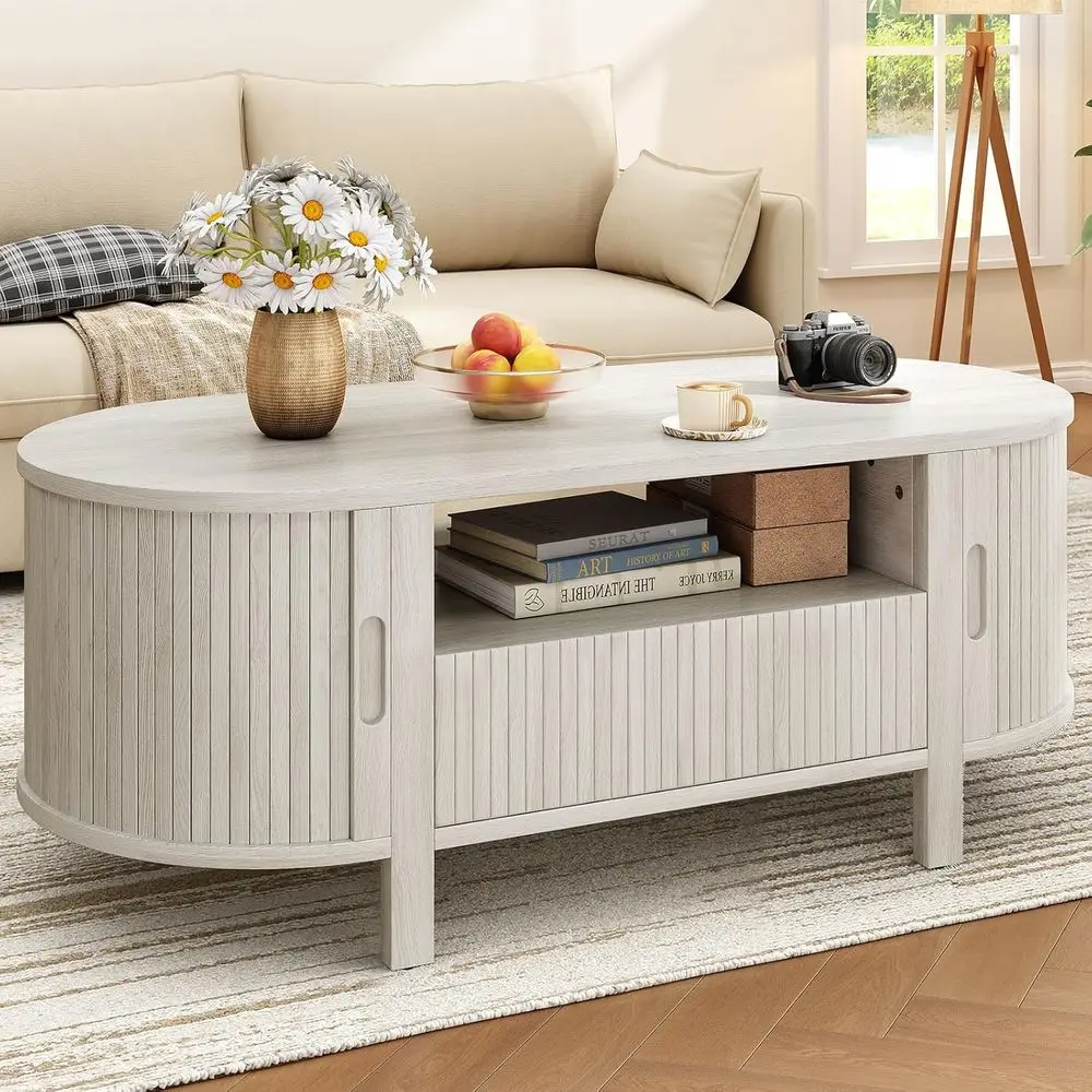 

Oval Coffee Table with Storage, Modern Design, Sliding Door, Wooden Handle, Natural White for Living Room
