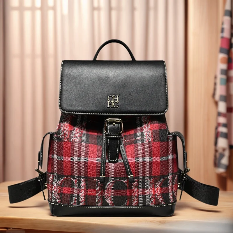 

CH New Women Backpack Plaid Pattern Black Red Color Block Ladies Bag Buckle Detail Casual Daily Travel Crossbody Fashion Bag