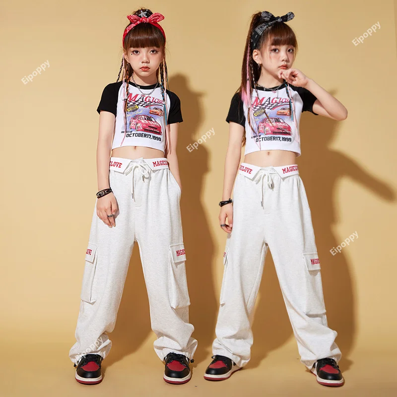 

Girls Hip Hop Crop Top Cargo Pants Clothes Sets Kids T-shirt Street Dance Joggers Children Sweet Streetwear Teen Stage Costumes