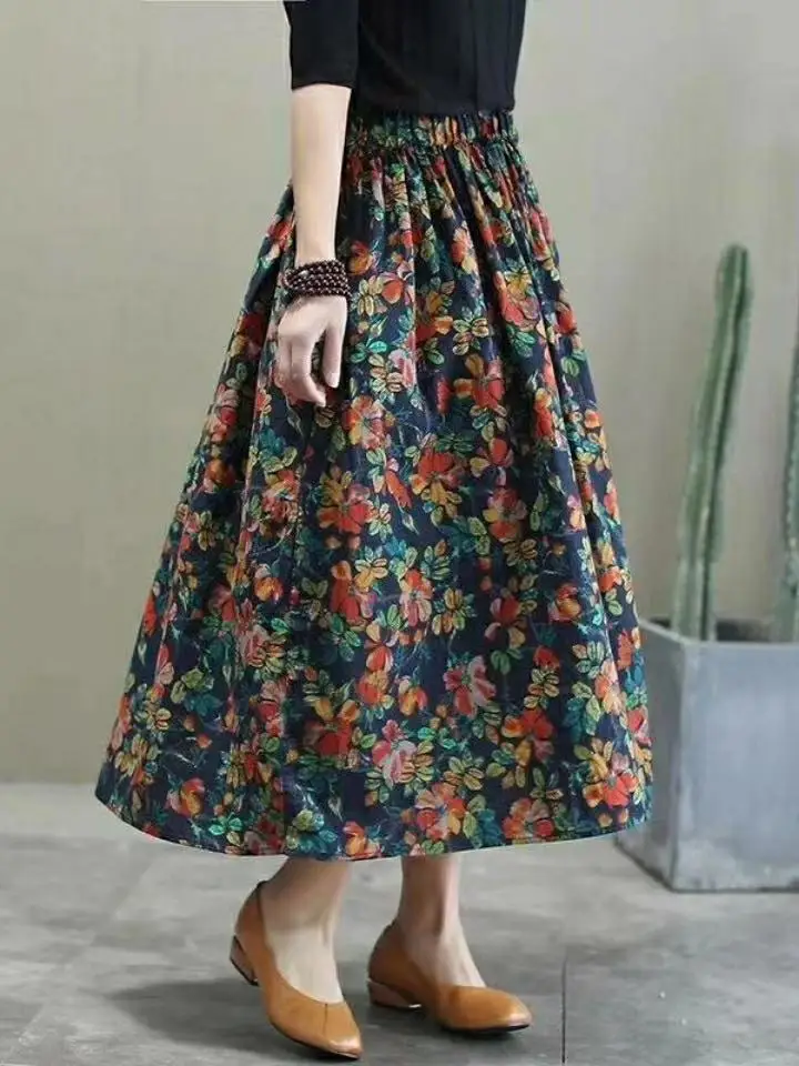 

Floral A-Line flength Skirt Casual Allmatch High Waist Gathered High Street Sle Soft Comfortable Polyester Summer Skirt