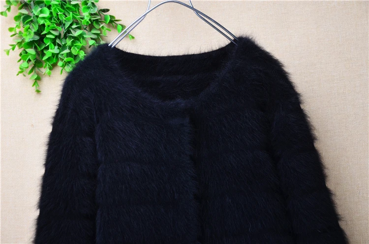 Ladies Women Fall Winter Clothing Black Angora Rabbit Hair Knitted Three Quarter Sleeves Short Style Slim Cardigans Sweater Pull