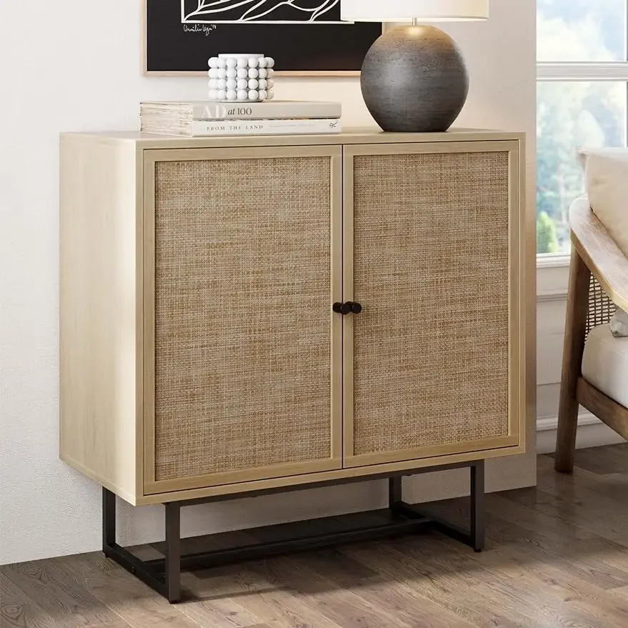 Nathan James Kova-Accent Natural Storage Cabinet, Sideboard Wood and Rattan, Matte Metal Frame, Adjustable Interior