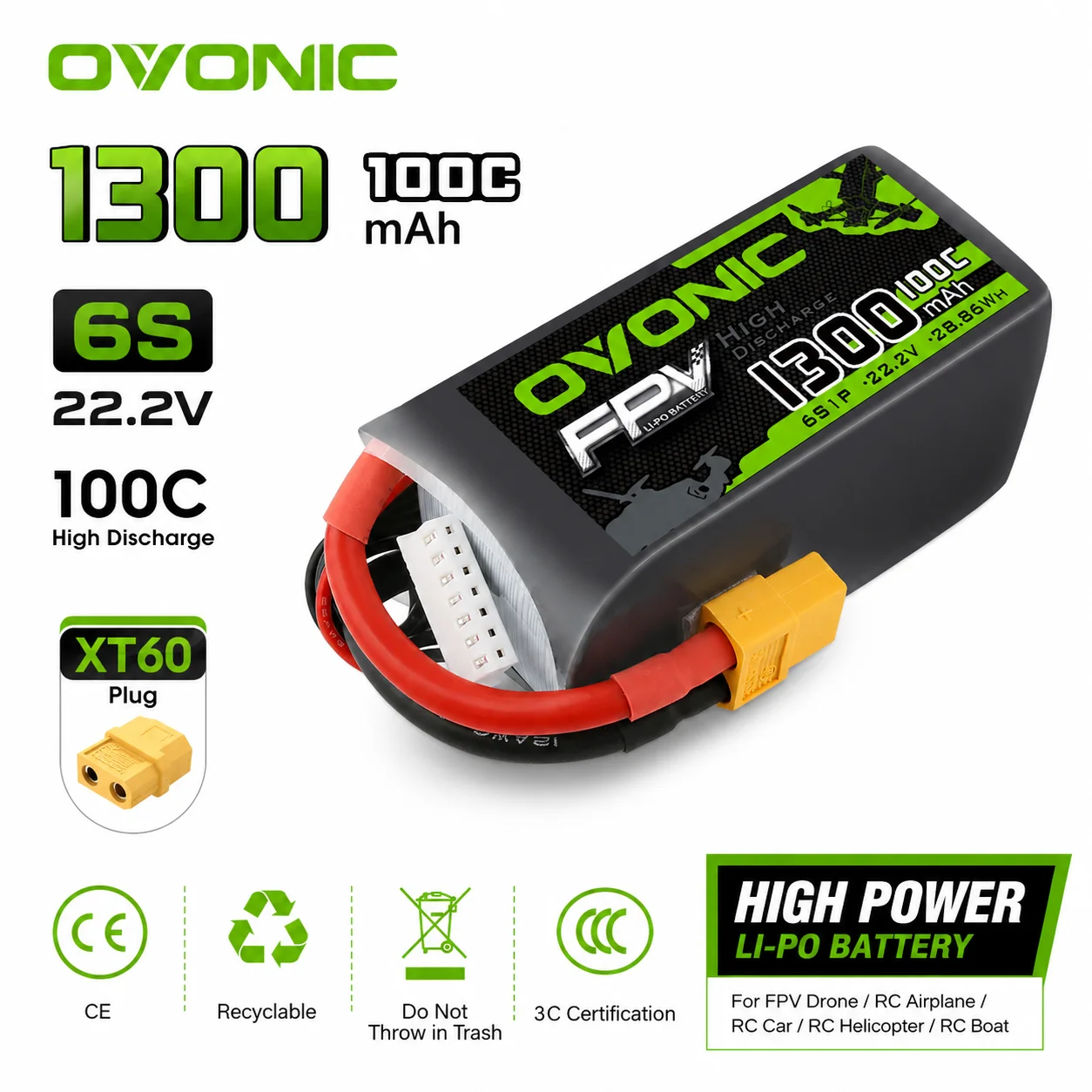 OVONIC 6S 22.2V 1300mAh 100C LiPo Battery XT60 Plug for FPV RC Airplane Car Quadcopter Helicopter Boat