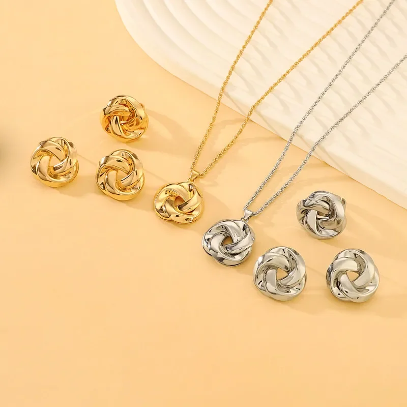 New Fashion Elegant Metal Exaggerated Glossy Twist Necklace Ring Earrings Three Piece Set For Women Party Jewelry Birthday Gifts